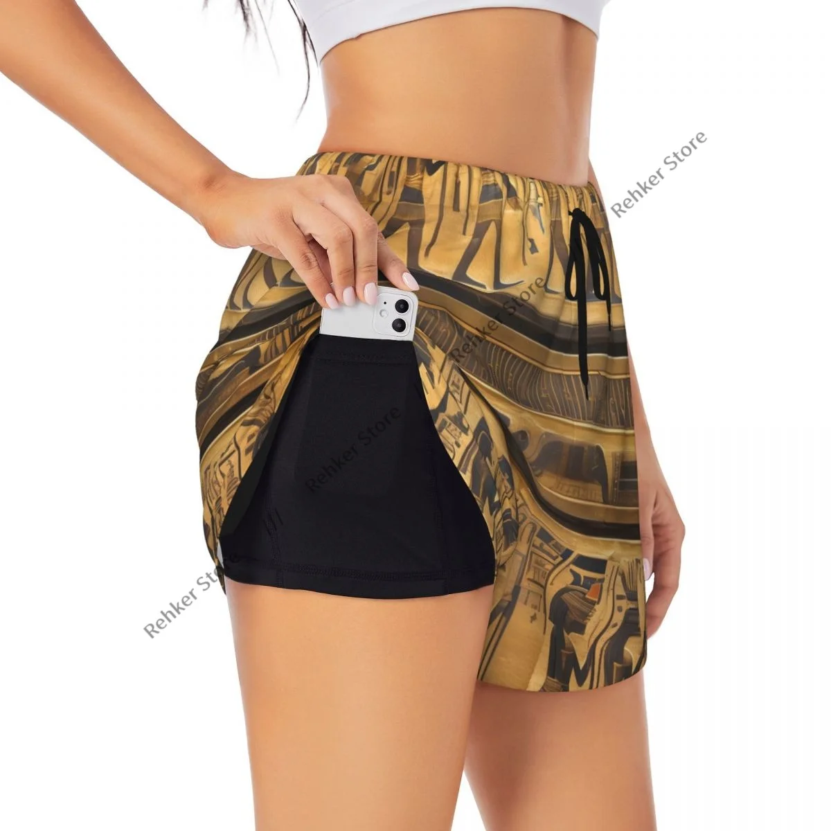 شورت رياضي نسائي من الهيروغليفية المصرية بطبقات مزدوجة سريع الجفاف للترفيه في الهواء الطلق والجري واللياقة البدنية والتمارين الرياضية #2