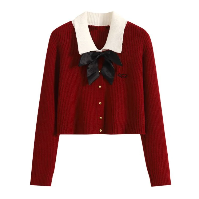 Preppy Style Lucky Red Knit Short Bowknot Jackets Black Trumpet Vest Dress 1 lub 2-częściowy zestaw Wiosna Jesień Sweter Sukienki Garnitury