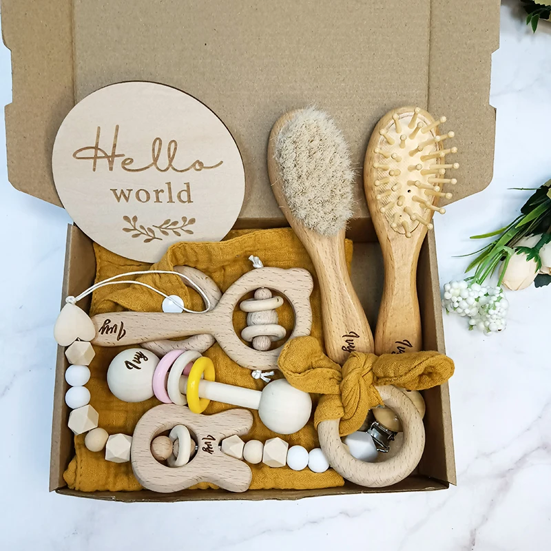 8pcs Custom Name Newborn Bath Toy Gift Set 0-12 Months Old Baby Rattle Bracelet Bibs Photography Supplies Birth Gift