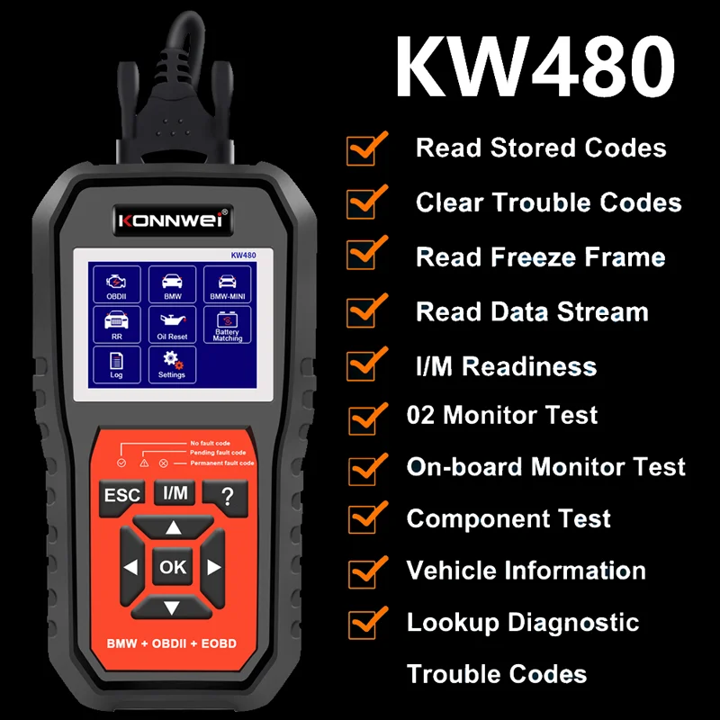 

KONNWEI KW480 OBD2 сканер полная система ABS подушка безопасности SRS масло сброс ODB2 автомобильные диагностические инструменты считыватель кодов двигателя для BMW/E38/E46