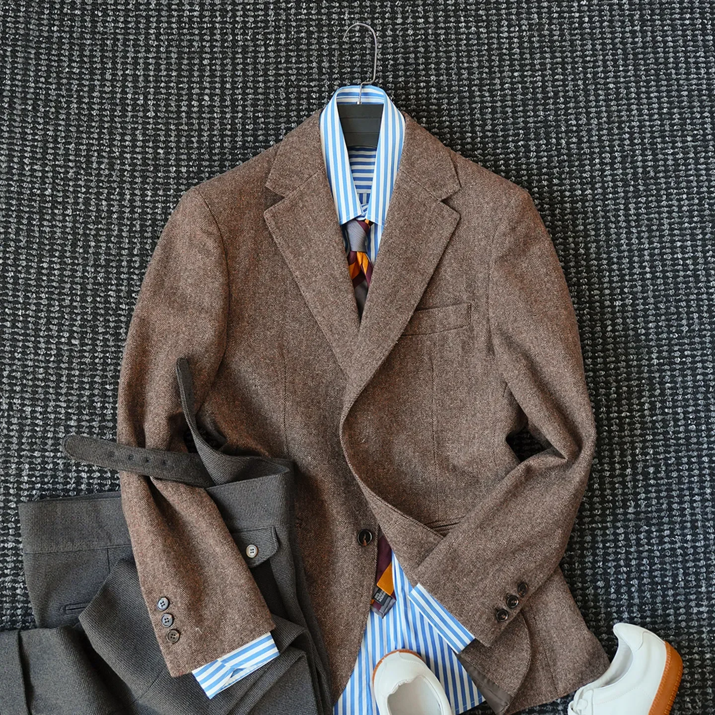 (50% wool) Herringbone winter thick suit men's gentleman vintage old money suit