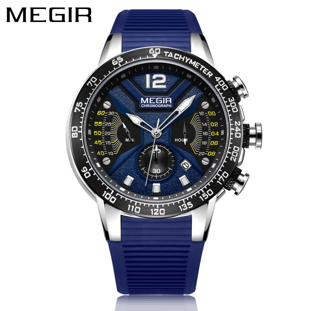 MEGIR Blue Sport Watches for Men‘s Silicone Band Chronograph Waterproof Luminous Fashion Casual Quartz Wristwatch Man 2106