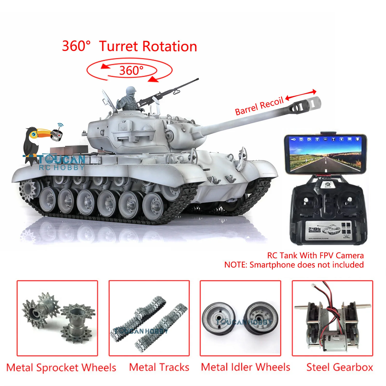 Henglong 1/16 FPV Camera System M26 Pershing RTR RC Tank 3838 With Barrel Retractable 7.0 Upgraded Ver As Boys Christmas Present