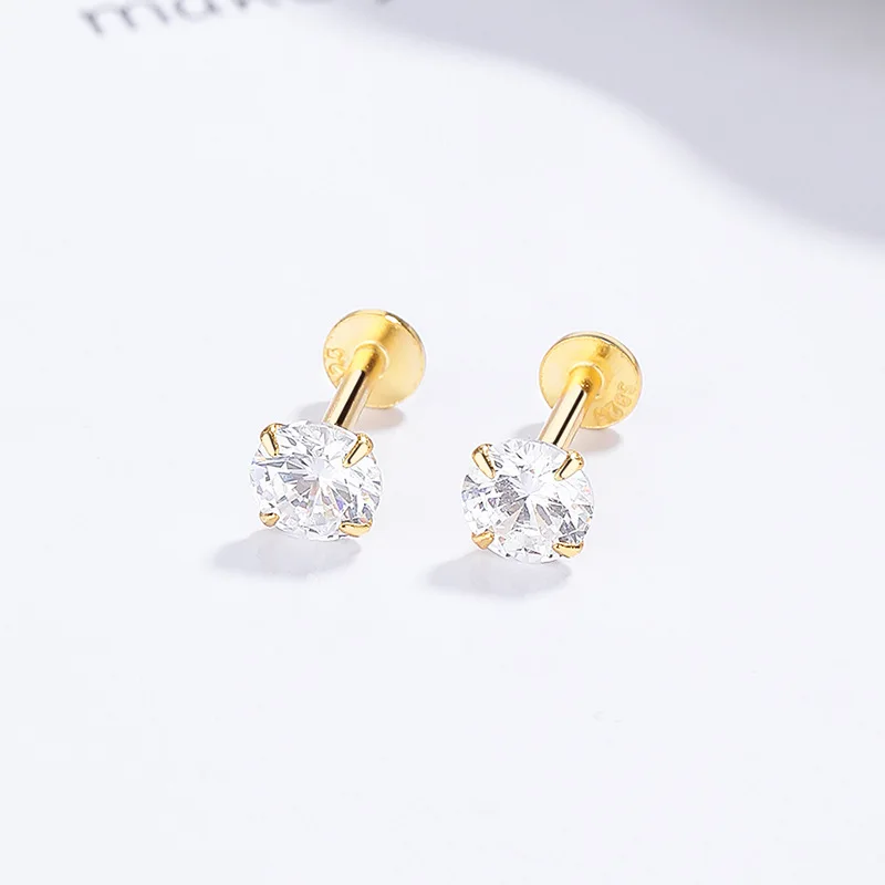 SOFTPIG Real 925 Sterling Silver 3/4/5/6mm Zircon Round Screw Stud Earrings for Women Cute Fine Jewelry 2024 Accessories