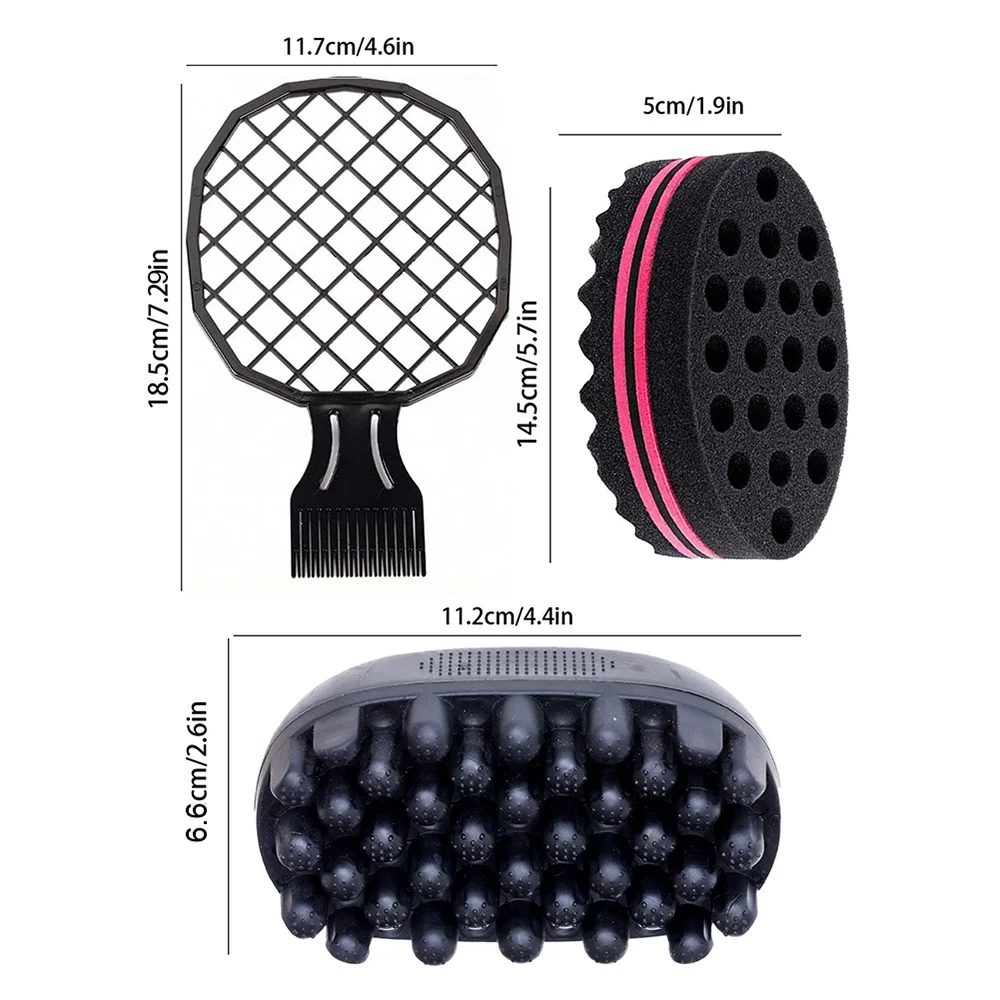 3pcs/set Durable Rubber Washable Afro Curl Sponge Soft Hair Coil Wave Dreadlock Natural Fork Hairbrush Salon Hair Styling Tool