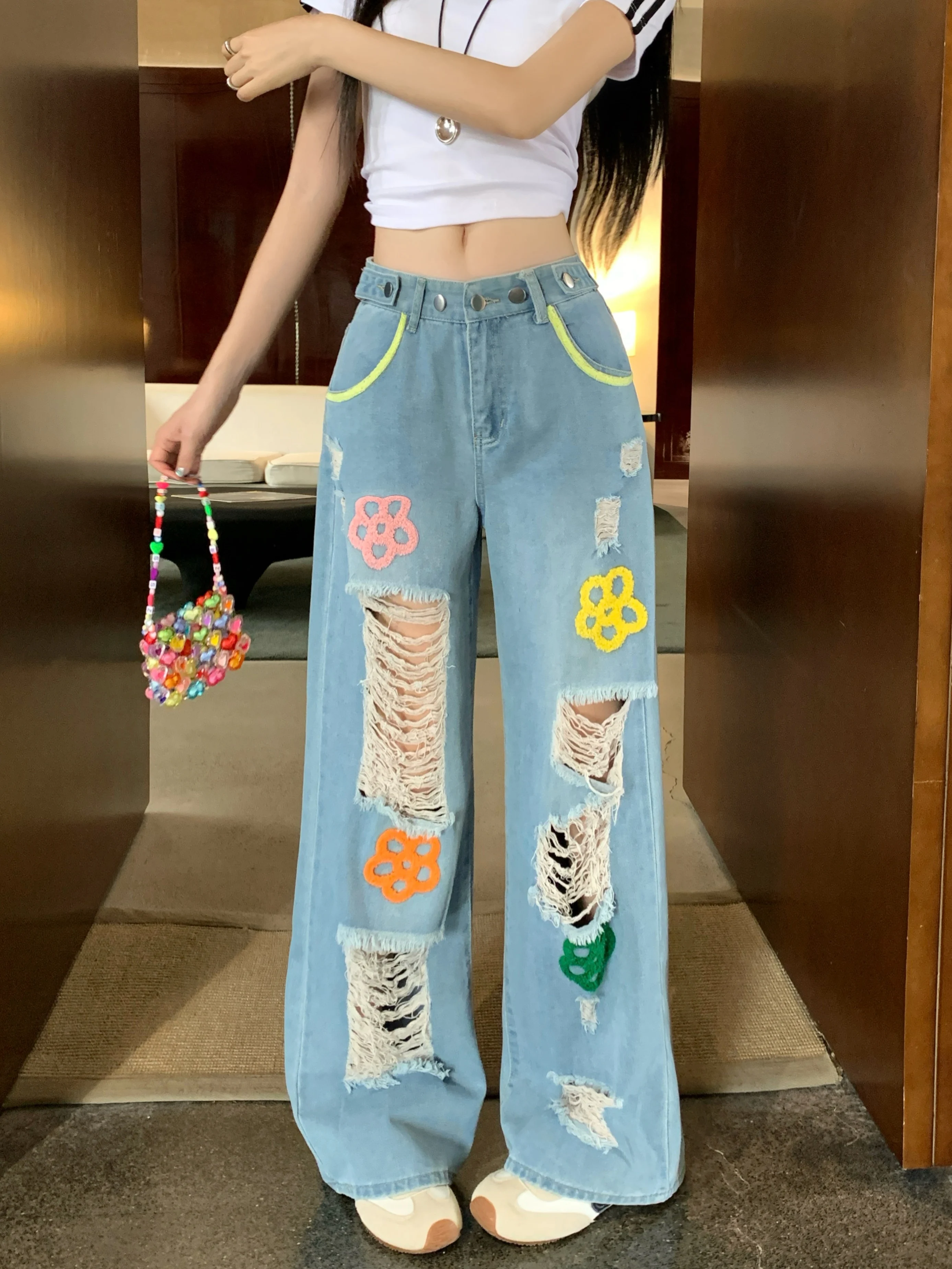 

Летние женские синие шикарные рваные джинсы большого размера с цветочной вышивкой в корейском стиле, свободные прямые брюки в пол, модные широкие брюки