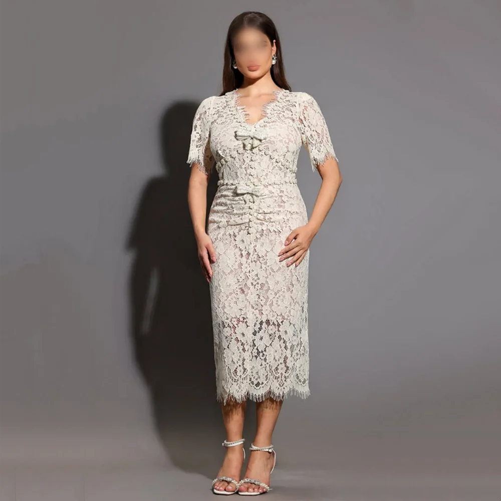Customized Exquisite Wedding Party Dress for Banquet V-neck Straight Lace Midi Dresses Formal Evening Gowns