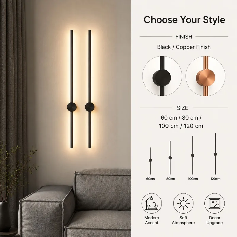 60cm 80cm 100cm 120cm Modern Linear LED Wall Lamp 350 Rotatable Long Strip Sconce for Bedroom Living Room Background Wall Lamp