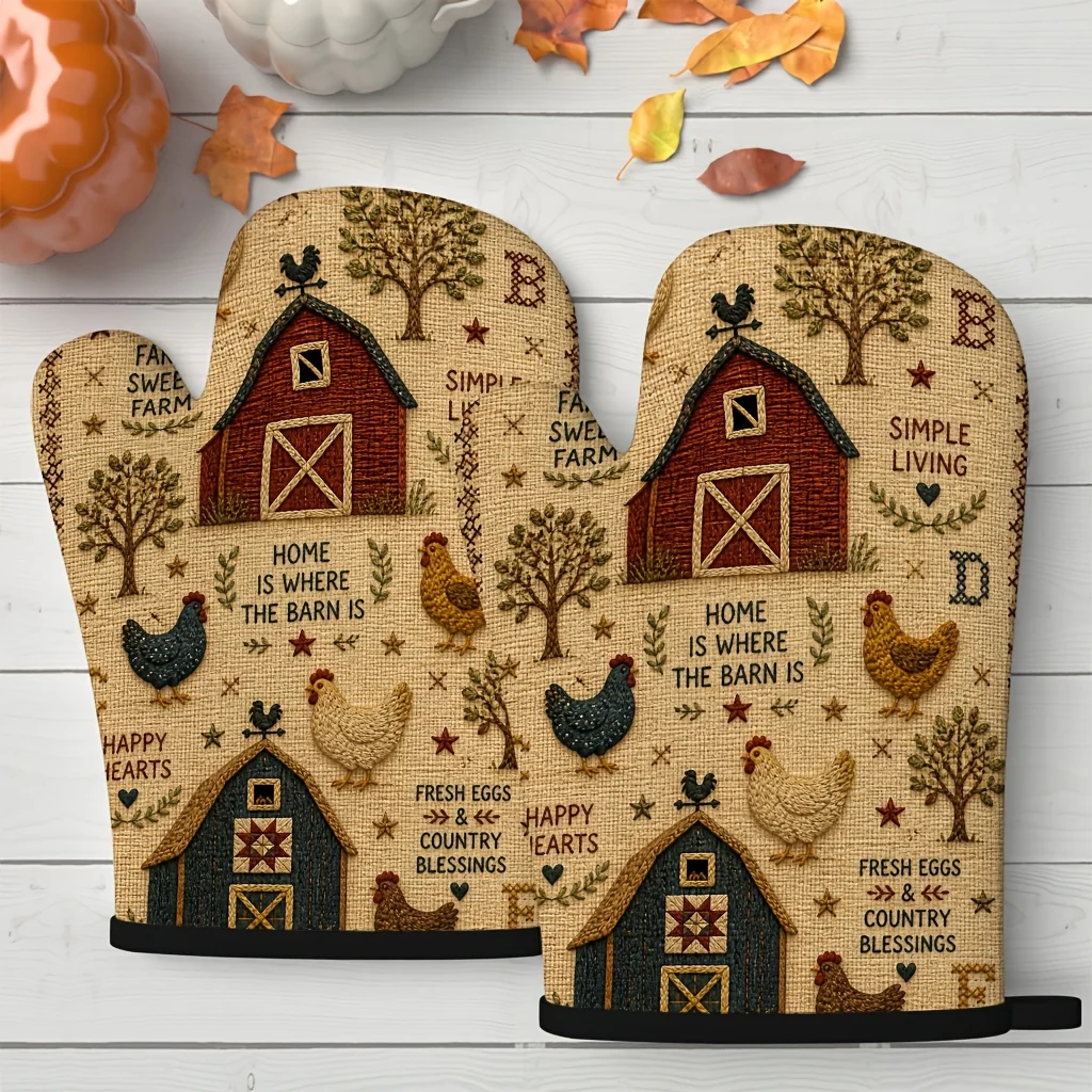 2pcs Set of Retro Farm Rooster Silhouette Oven Mitts, Premium Goods, Suitable for Kitchen, Baking, Home Use, Premium Design