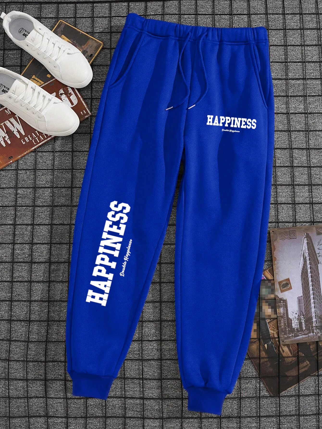 Happiness Letter Print Mens Womens Pants Fitting Y2K Casual Sports Pants Warm Jogging Outdoor Wear Pocket Running Trouser Couple