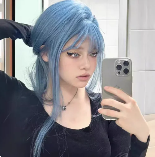 Peruca sintética azul feminina, cabelo longo naturalmente branco, conjunto de cabeça completa, franja de ar, cabelo longo e reto, resistente ao calor, peruca cosplay