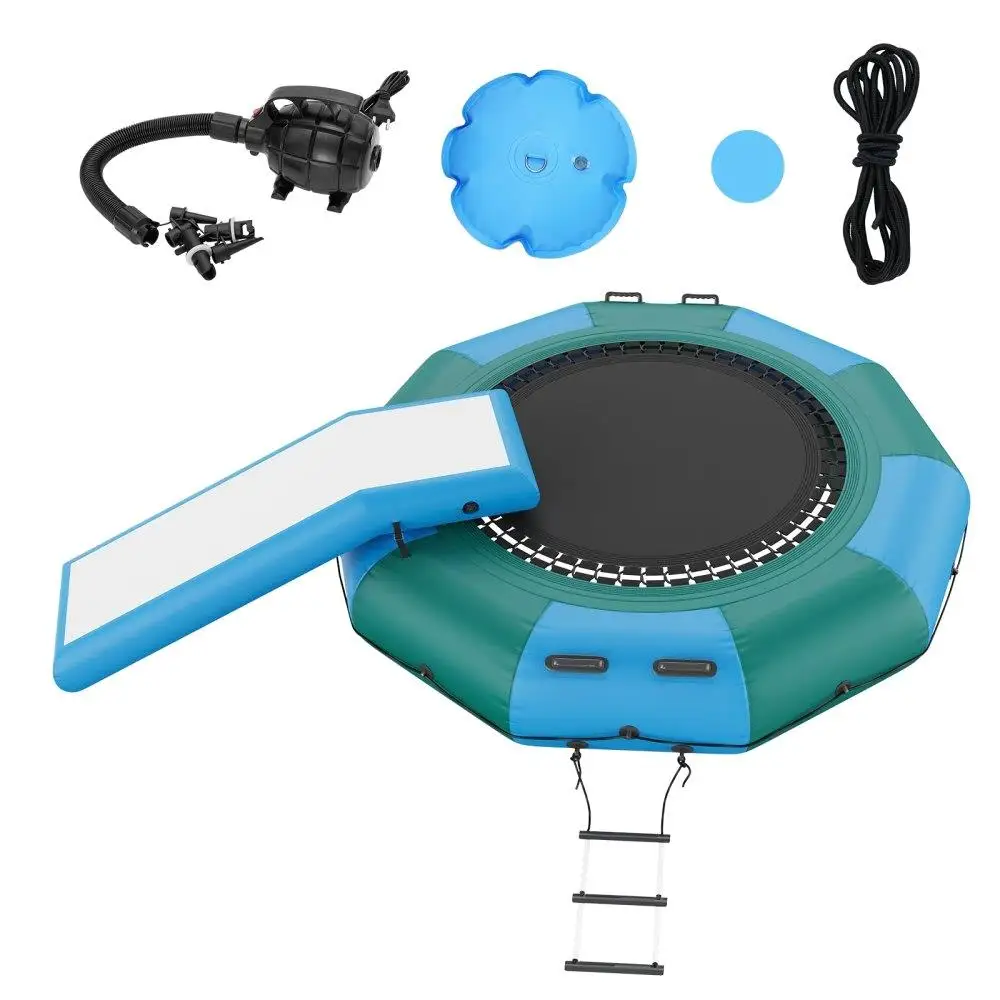 

Inflatable Water Bouncer, 10ft Recreational Water Trampoline, Portable Bounce Swim Platform with Slide, 3-Step Ladder &