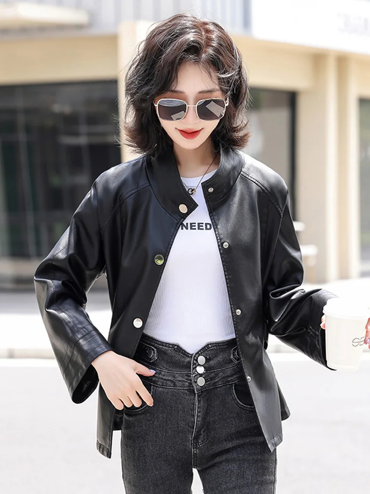 New Women Spring Autumn Leather Jacket Fashion Stand Collar Single Breasted Loose Short Coat Casual Biker Jacket Split Leather