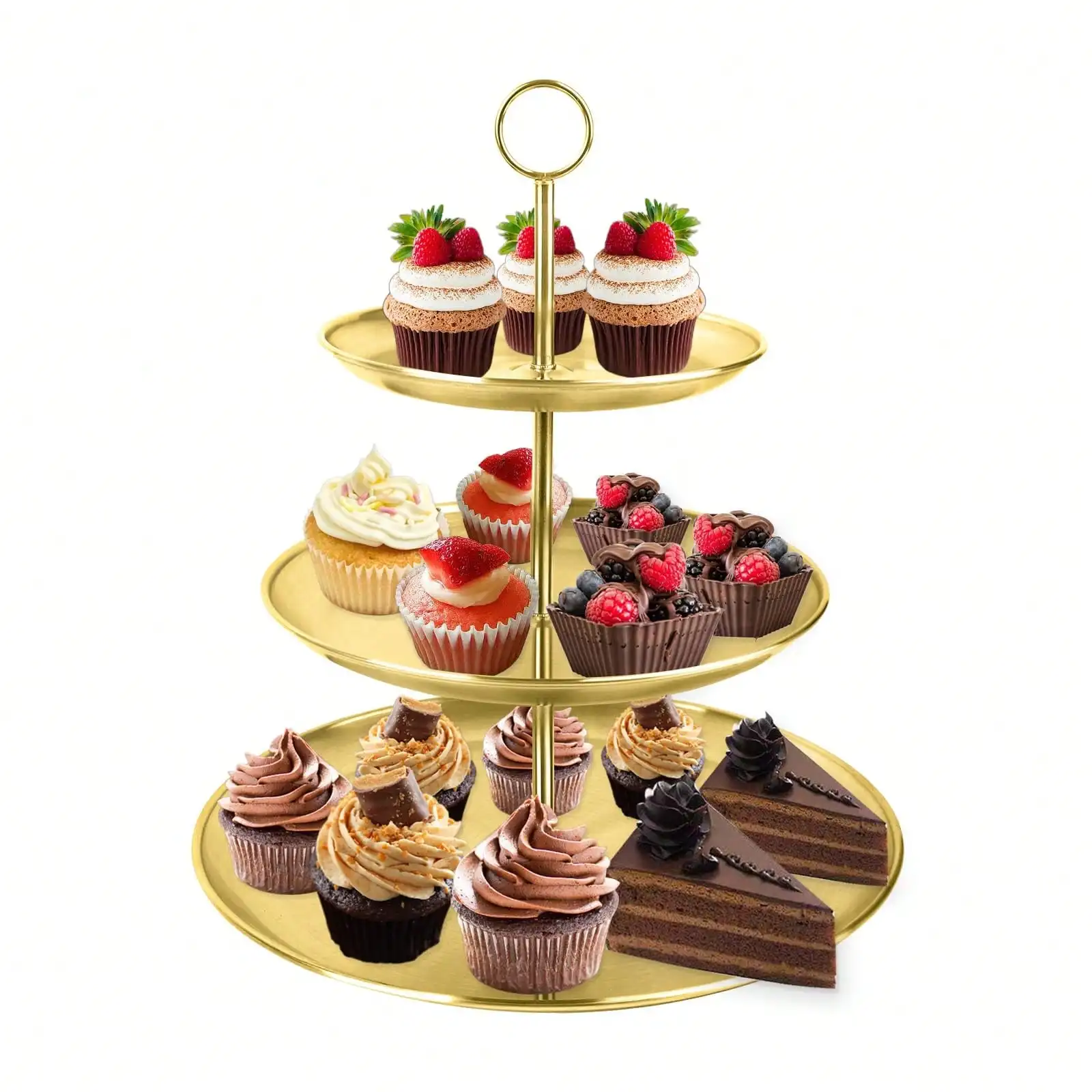 

Gold Tiered Stainless Steel Cupcake Stand - Removable Tray for Parties/Weddings/Holidays & Festive Decor