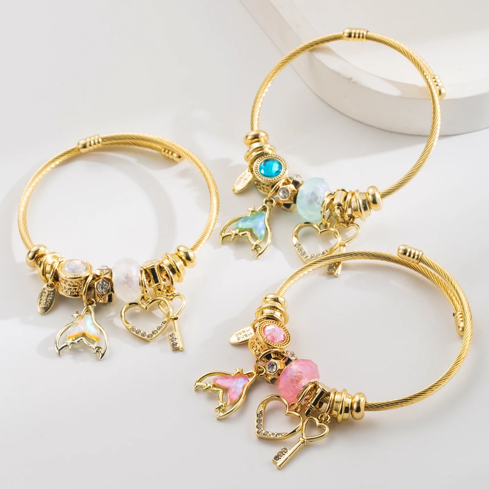 New DIY Pan Jia Duo La Bracelet with Diamond Fish Tail Heart Key Pendant Fairy Style Adjustable Couple Bracelet