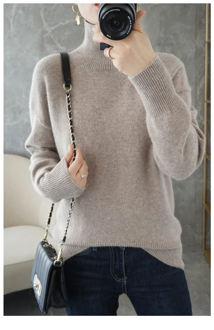 

2024 Autumn Winter Merino Wool Sweater Women's Turtleneck Solid Color Pullover Knitwear Long Sleeve Cashimere Casual Clothing