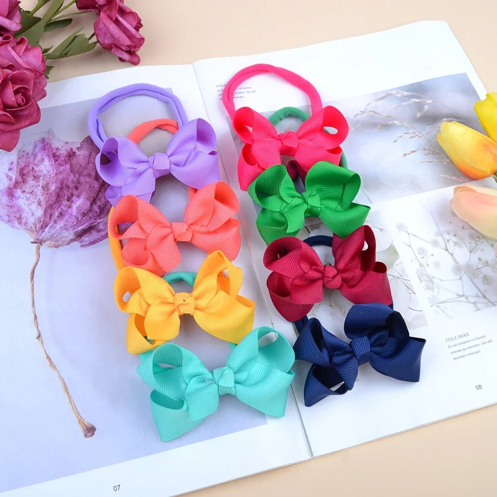 Handmade Elastic Hair Bands para meninas Solid Baby Headband Fita de grosgrain Bowknots Headwear para crianças, acessórios para cabelo, 3,15 polegadas