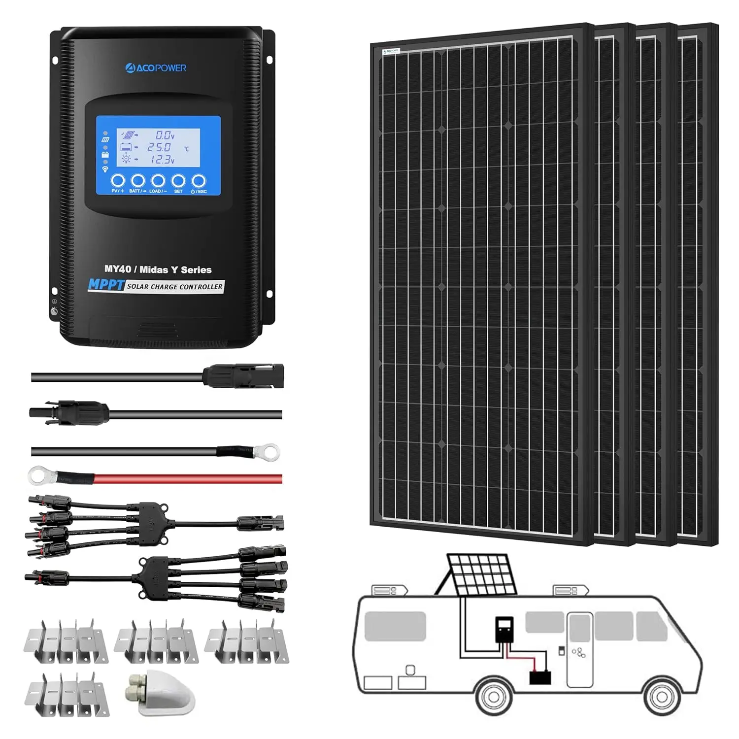 Kit de Panel Solar RV con controlador de carga LCD PWM de 20a, soportes de montaje, conectores Y, Cables solares, carcasa de entrada de Cable