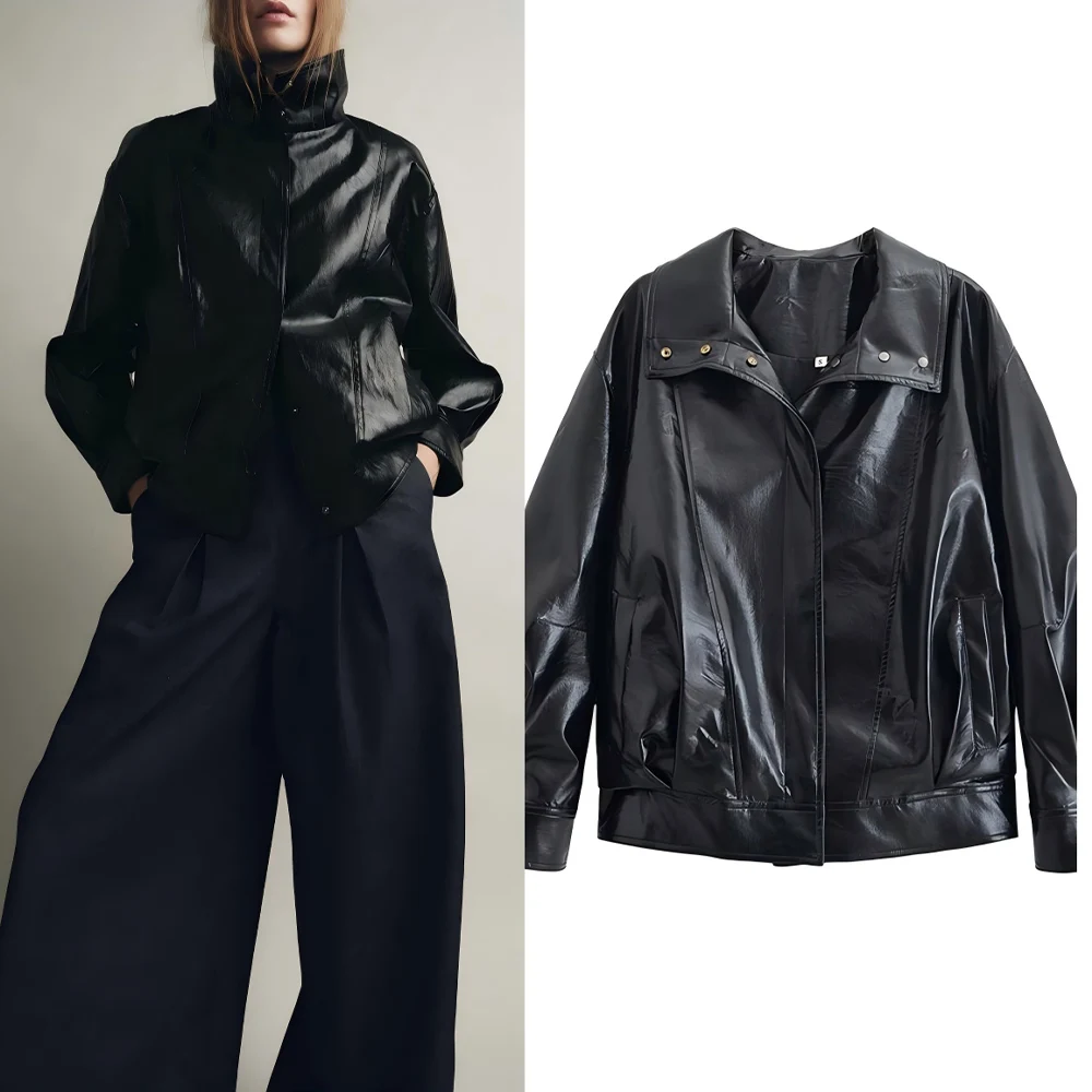 

Women's new fashion pleated design black lapel Faux Leather jacket Coat retro long sleeved Button-up women's Coat chic top