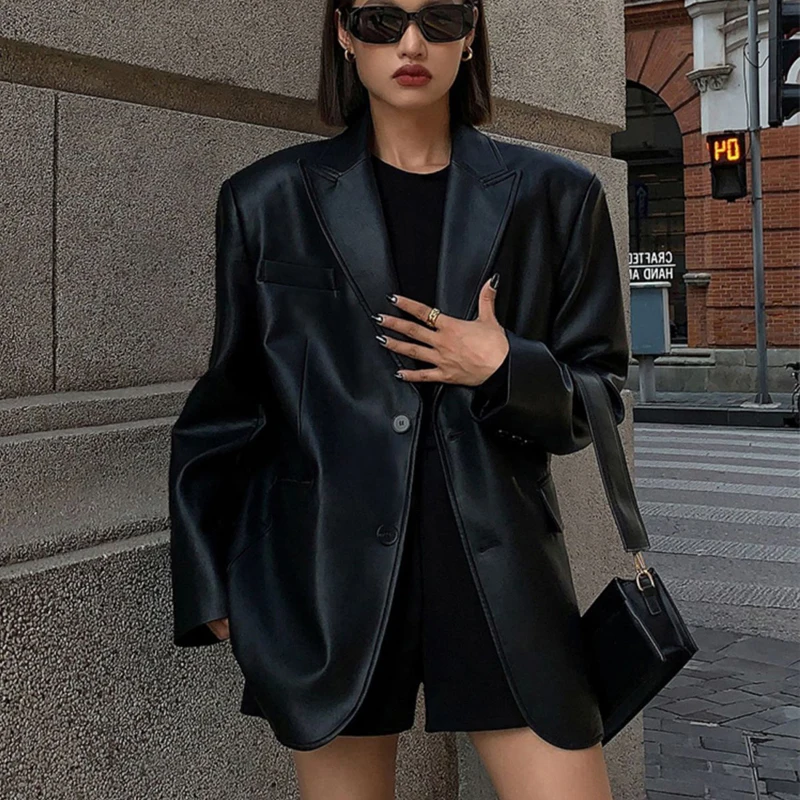 Fashion Coffee Color Women Sheepskin Blazer Coats New Loose Casual Single-breasted Ladies Streetwear Real Leather Blazer Jackets