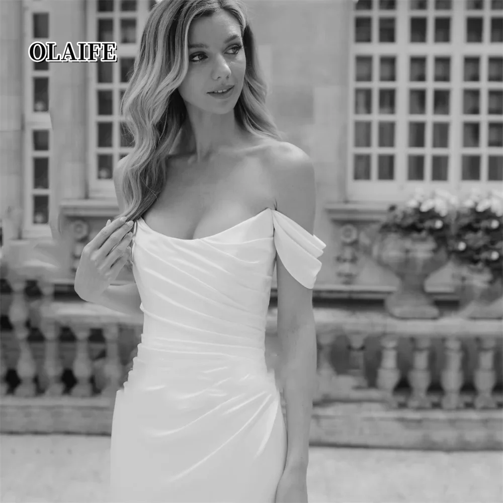 우아한 머메이드 웨딩드레스 오프숄더 스쿱 네크라인 오픈 백 새틴 버튼 브라이덜 가운 스윕 트레인 웨딩드레스