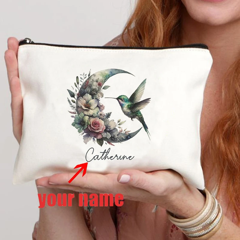 

Hummingbird Flowers Personalized Name Cosmetic Bag Travel Storage Canvas Bags Zipper Pencil Case Wallet Mama Grandma Custom Gift