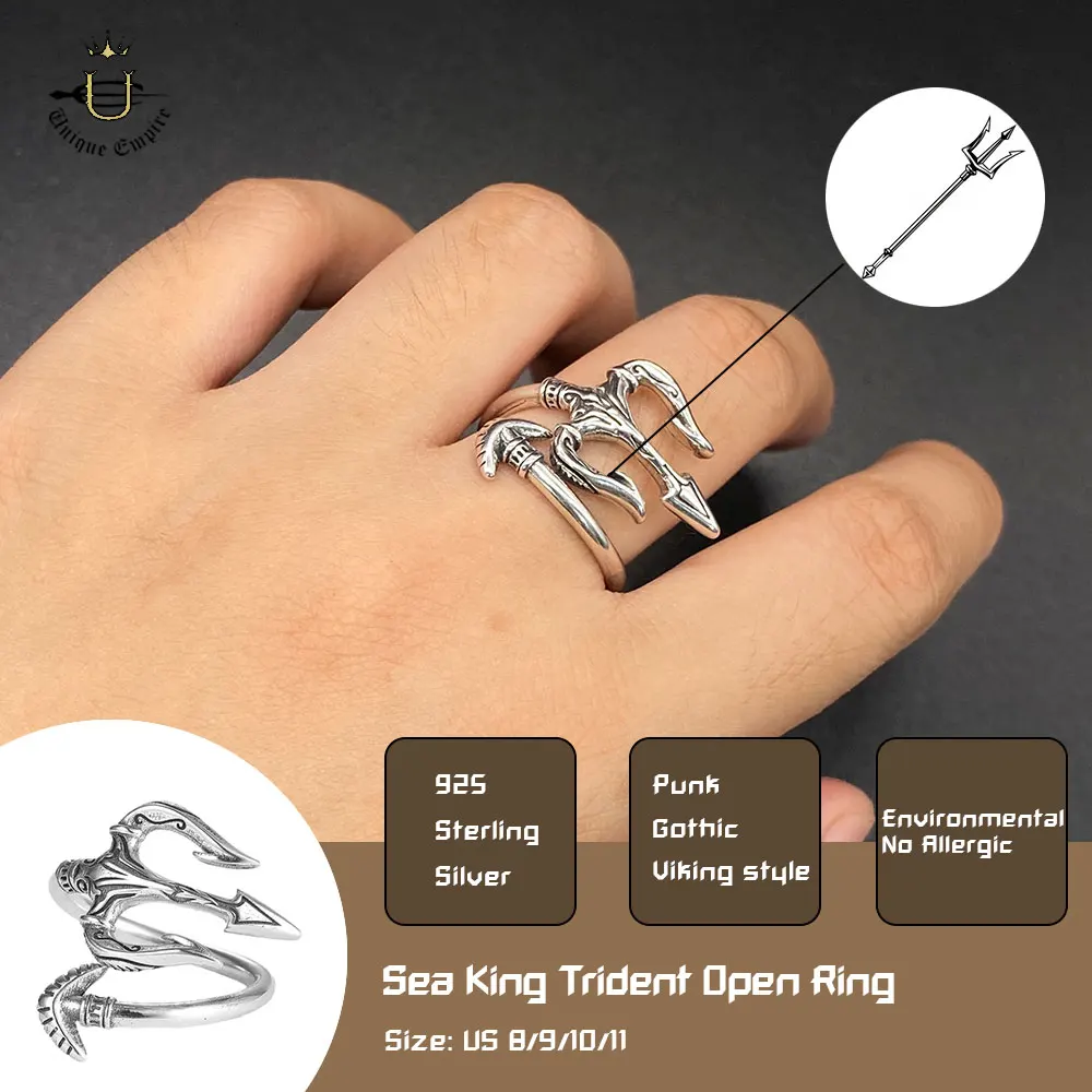 Vintage Sea King Trident Adjustable Ring Fashionable Men's Dominance Sea God Weapon Ring Anniversary Christmas Gift Decoration J