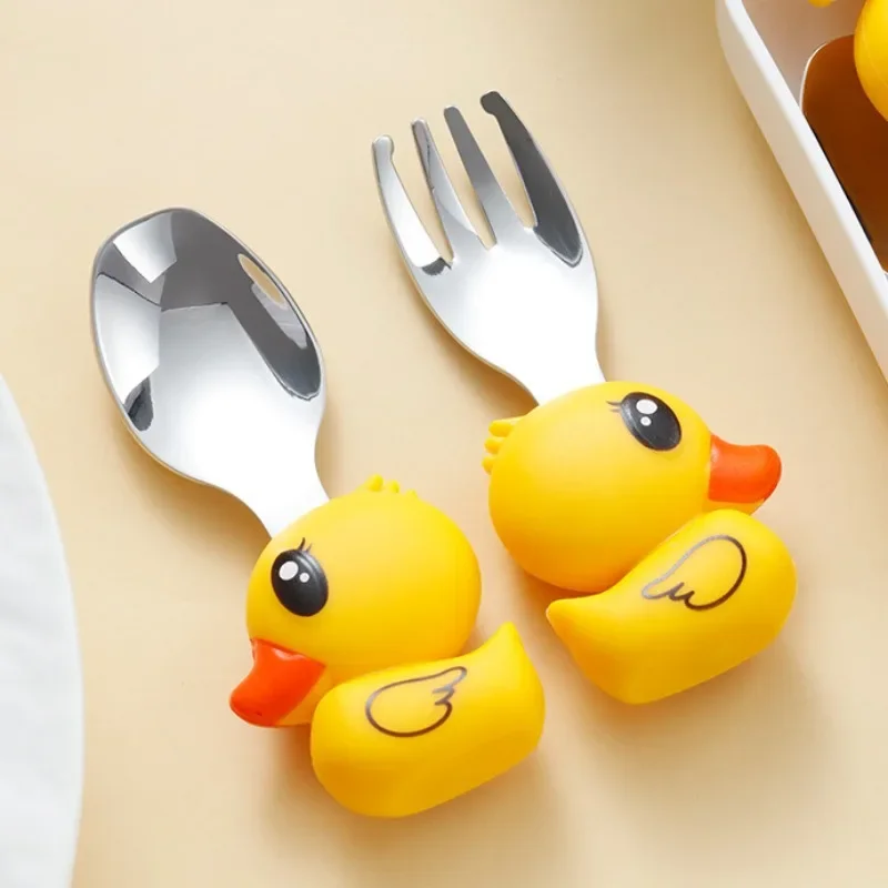 304 Stainless Steel Baby Complementary Feeding Tableware Cartoon Small Yellow Duck Portable Spoon and Fork Set Tableware