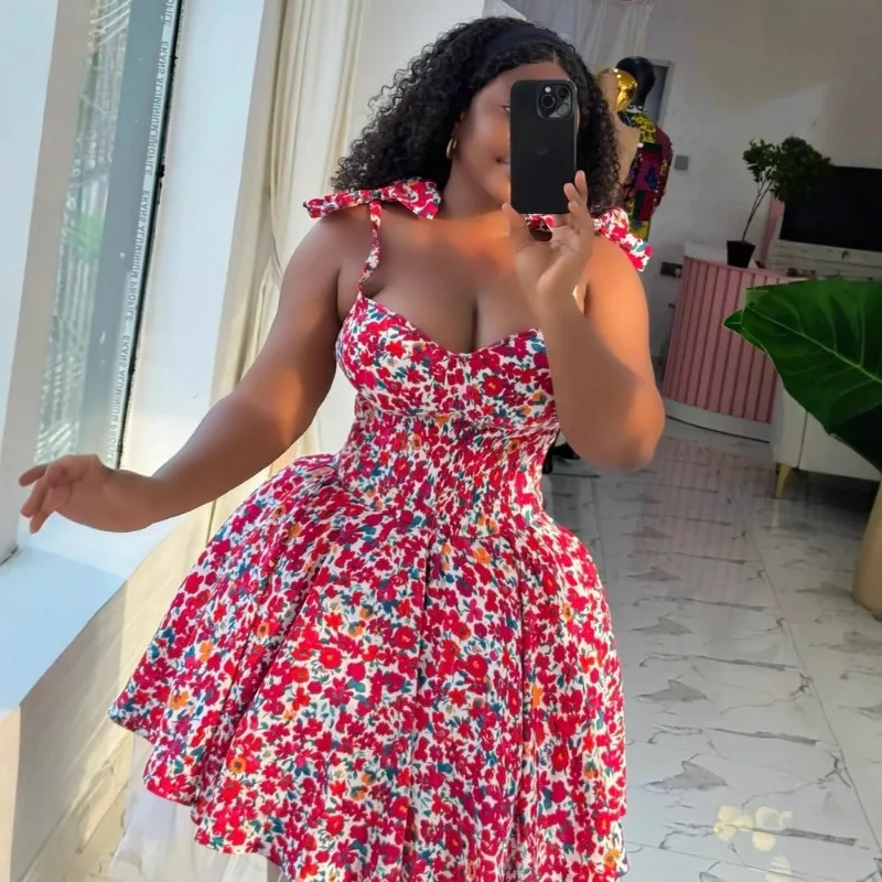 

Dress Spaghetti Straps Women's Spring Chic Elegant Floral Print Bow Detail High Waist Slimming A-Line Niche Comfortable Casual