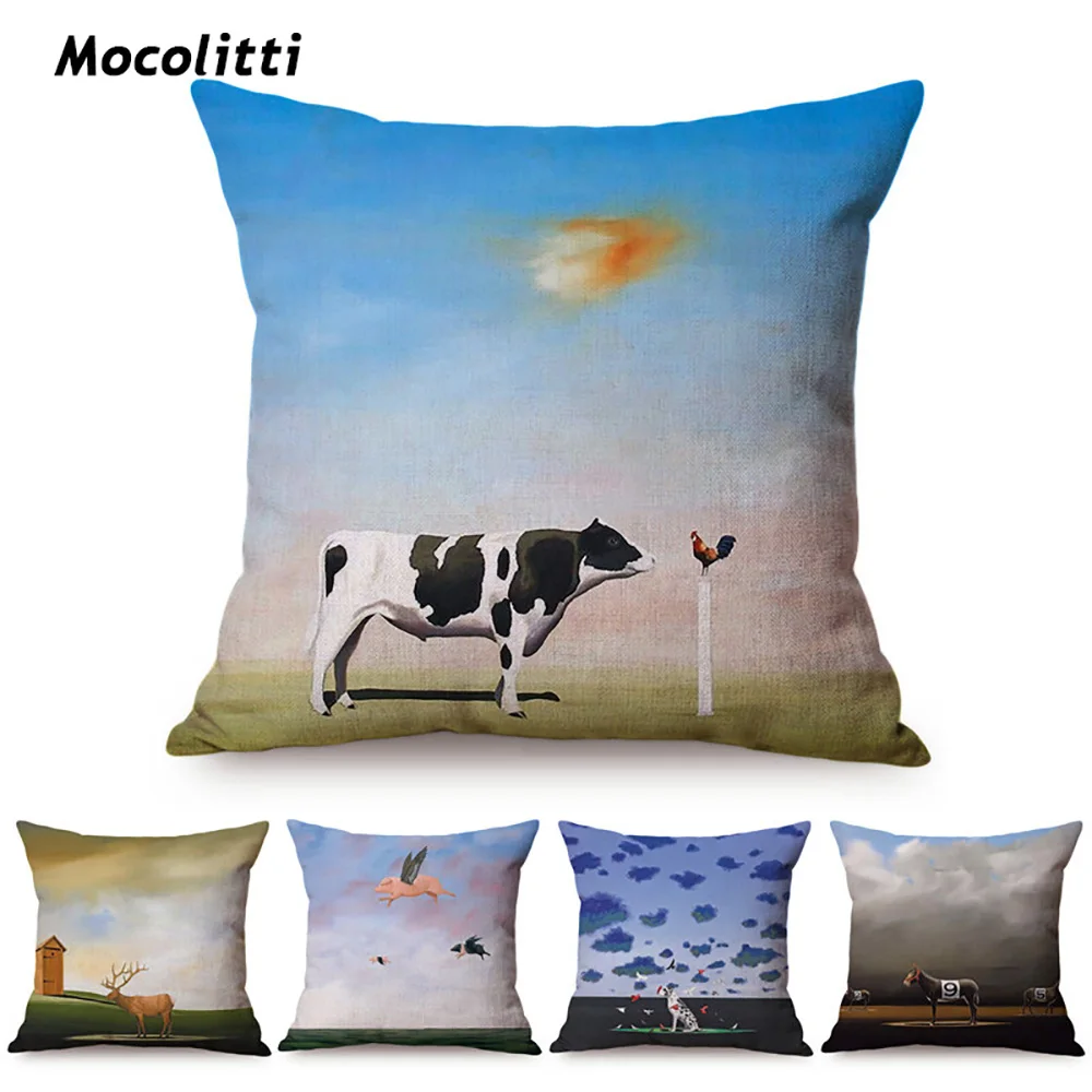 

Nordic Surrealism Style Sofa Cushion Cover Horse Deer Cow Animal Pattern Living Room Decoration Linen Throw Pillow Case Cojines