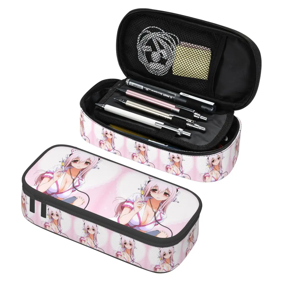 Cartoon Super Sonico Game Niedliche Mädchen-Federmäppchen, Federtasche, Aufbewahrung von Schreibwaren, große Kapazität, Stiftbox, Bleistiftbeutel für Studenten