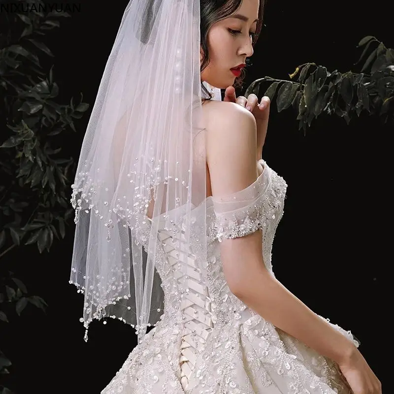 Wholesale Luxury Wedding Veil with Crystal Edge Short Two Layers White Ivory Tulle Bridal Veil 2023