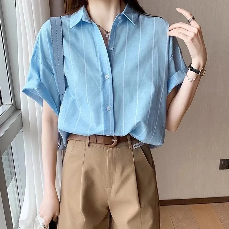 

Женская полосатая рубашка с коротким рукавом, летняя свободная повседневная блузка на пуговицах