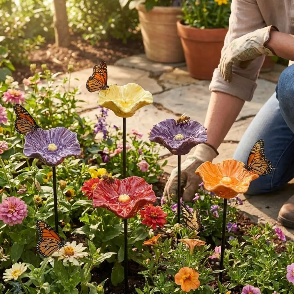 Resin Flower Bee Water Feeder Handcrafted Ground Insert Butterfly Watering Station UV Resistant Rust-resistant Bird Feeding Cup