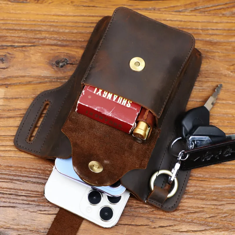 Retro Crazy Horse Leather Small Fanny Pack Belt Loops Hip Bum Bag Phone Pouch Purse For 6.7 inch Phone