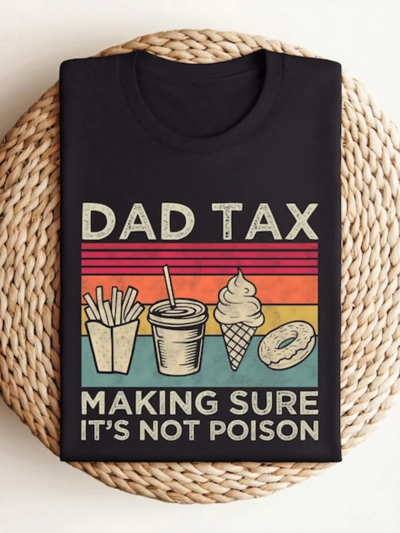 Vintage-Style Dad Tax Graphic Tee - Black Casual Round Neck T-Shirt with Retro Food Print