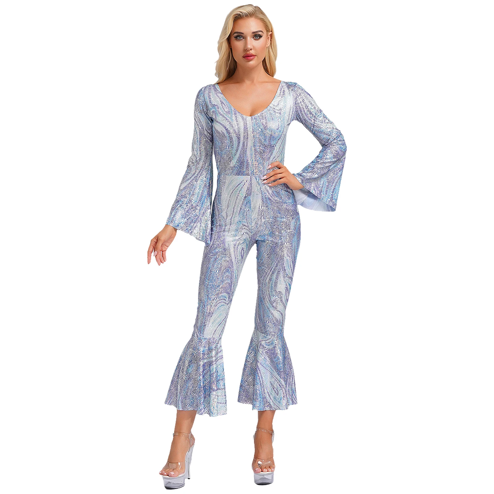 

Women 70s 80s Disco Top Dance Jumpsuit Long Sleeve Colorful Flared Jumpsuit Glittering Retro Prom Party Bar Dance Costume