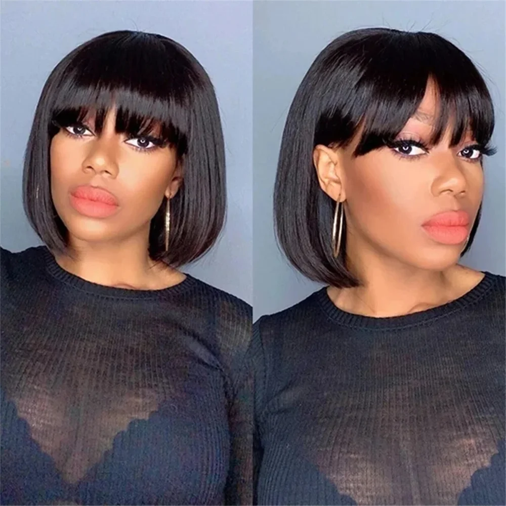 Short Straight Hair Wigs With Bangs Glueless Short Bob Human Hair Wig 12 Inchs Malaysia Hair None Lace Wig Full Machine Made Wig