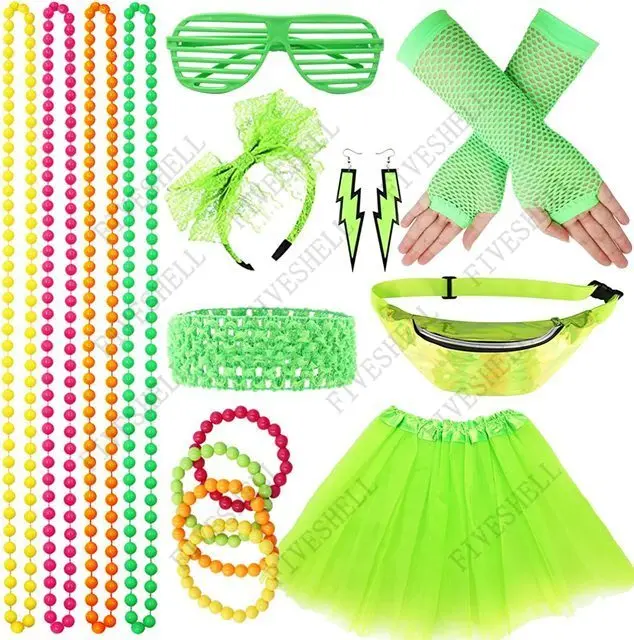 1980s Cosplay Roupas Mulheres Set Malha Fio Saia Belly PocketFingerless Malha Luvas Pulseira, Brinco Neon 80s Outfit Partido