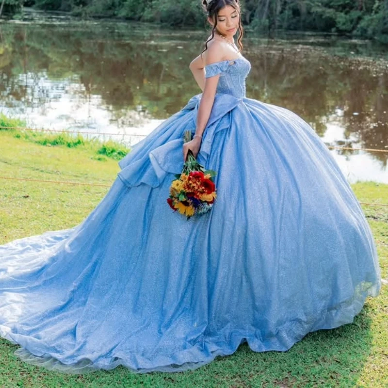 

Небесно-голубое блестящее платье Quinceanera с открытыми плечами и бисером с кристаллами и бантом из тюля, корсет для вечеринки, дня рождения, сладкое платье 16, Vestidos 15 De