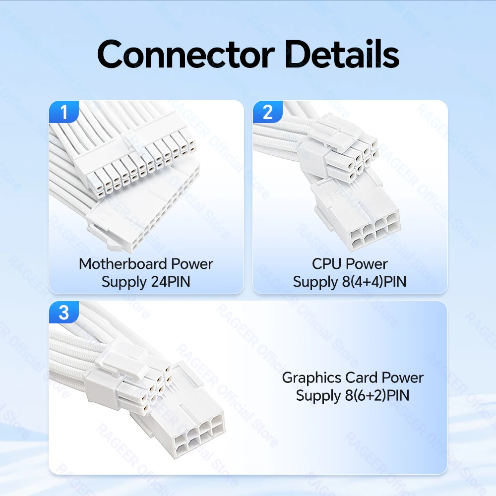 RAGEER PSU Extension Cable Kit Motherboard Cable Solid ATX 24Pin GPU PCIe 6+2Pin 8Pin CPU EPS 4+4Pin 18AWG Power Cord with Combs image 3