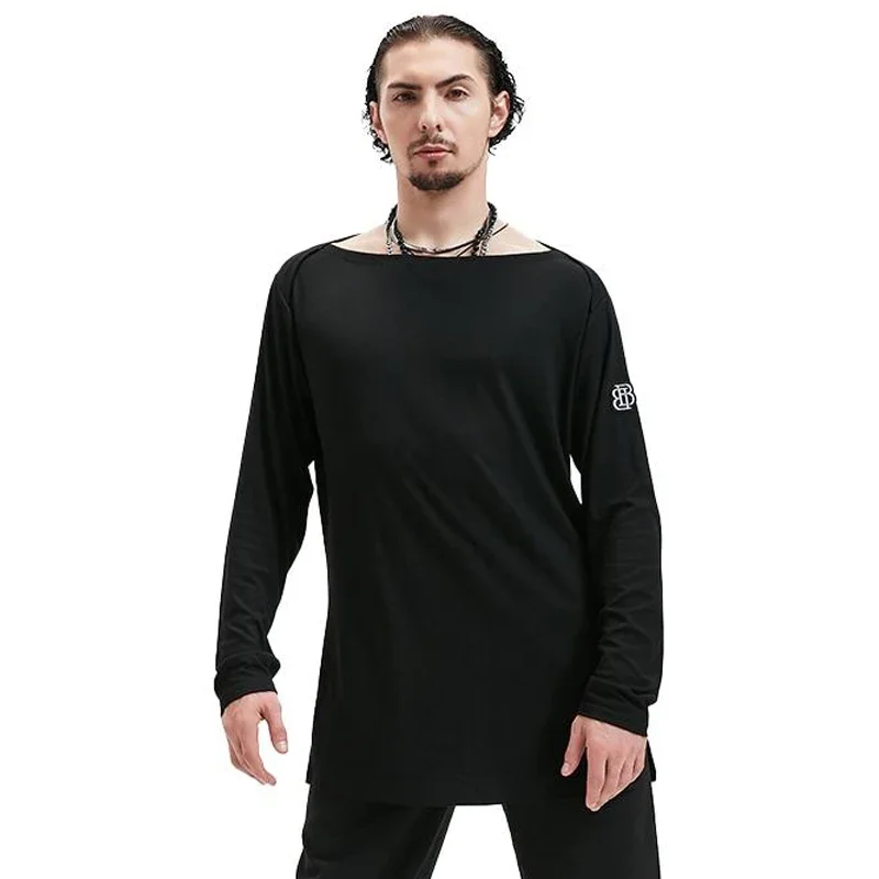 Long Sleeves White Black T Shirt Cha Cha Rumba Dance Training Practice Clothes Adult Male Salsa Top Men Latin Dance Tops