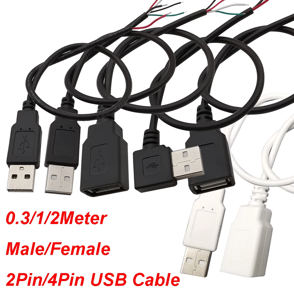 

1Pcs USB 2.0 0.3M 1M 2M 2Pin 4Pin Male Plug Female Pigtail Cable USB A Bare Wire Open End Extension Cable Black White DIY