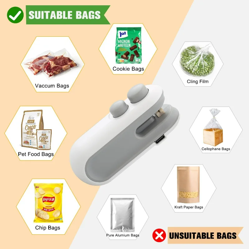 Mini Bag Sealer,2 in 1 Usb Rechargeable Chip Bag Sealer Heat Seal,Snack Bag Sealer,Upgrade Portable Handheld Rechargeable Vacuum