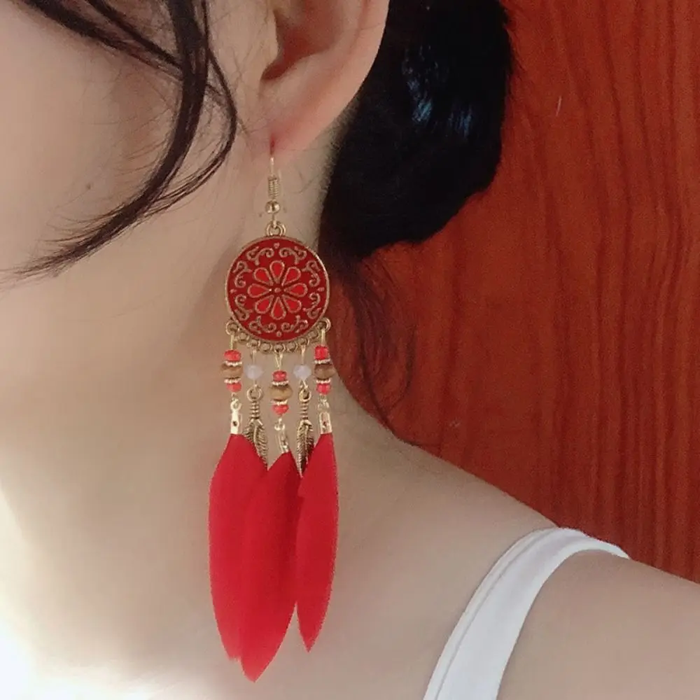 Bohemia Style Bohemian Feather Dangle Earrings Zinc Alloy Ethnic Style Feather Tassel Earrings Bright Colors Drop-shaped