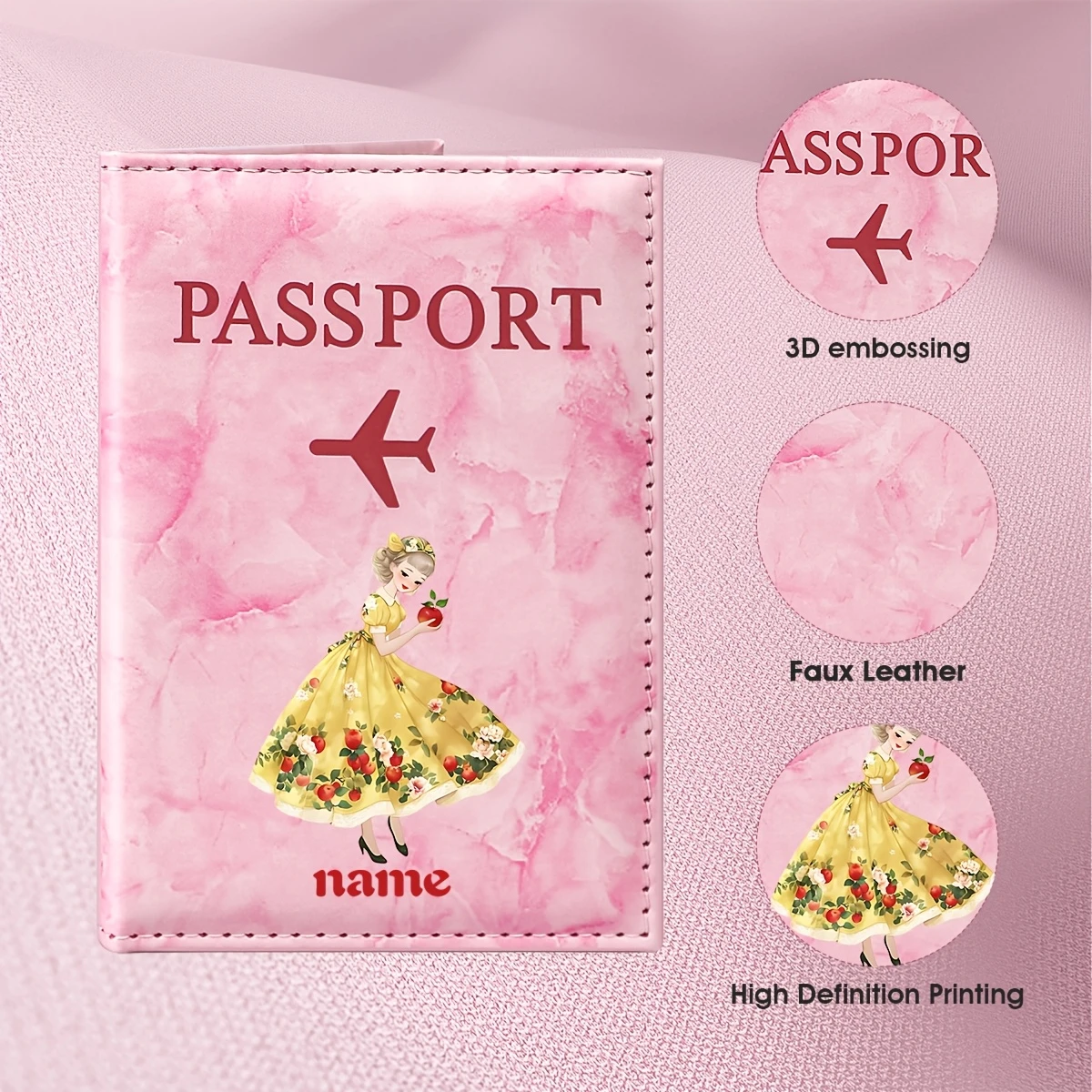 Custom Name Passport Holder Featuring an Elegant Vintage Floral Princess Design, It Showcases a Girl in a Golden Dress Holding