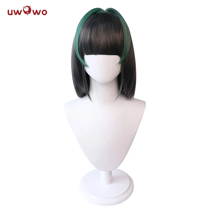 UWOWO Game Cheshire Cosplay Wig Bob haircut 35cm Gray And Green wigs