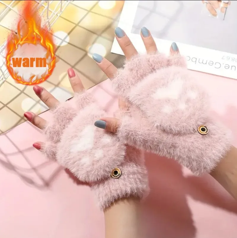 

Cute Cat Paw Plush Gloves Winter Warm Thick Fleece Flip Half Finger Mittens Cartoon Fingerless Gloves for Girls Outdoor Gift