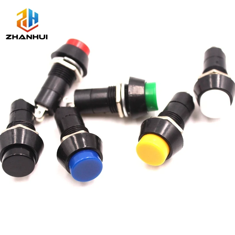 6 interruptores de botón redondos de 12 mm, 2 pines, 3A, 250V CA, autoblocantes y de reinicio automático, PBS-11A, PBS-11B