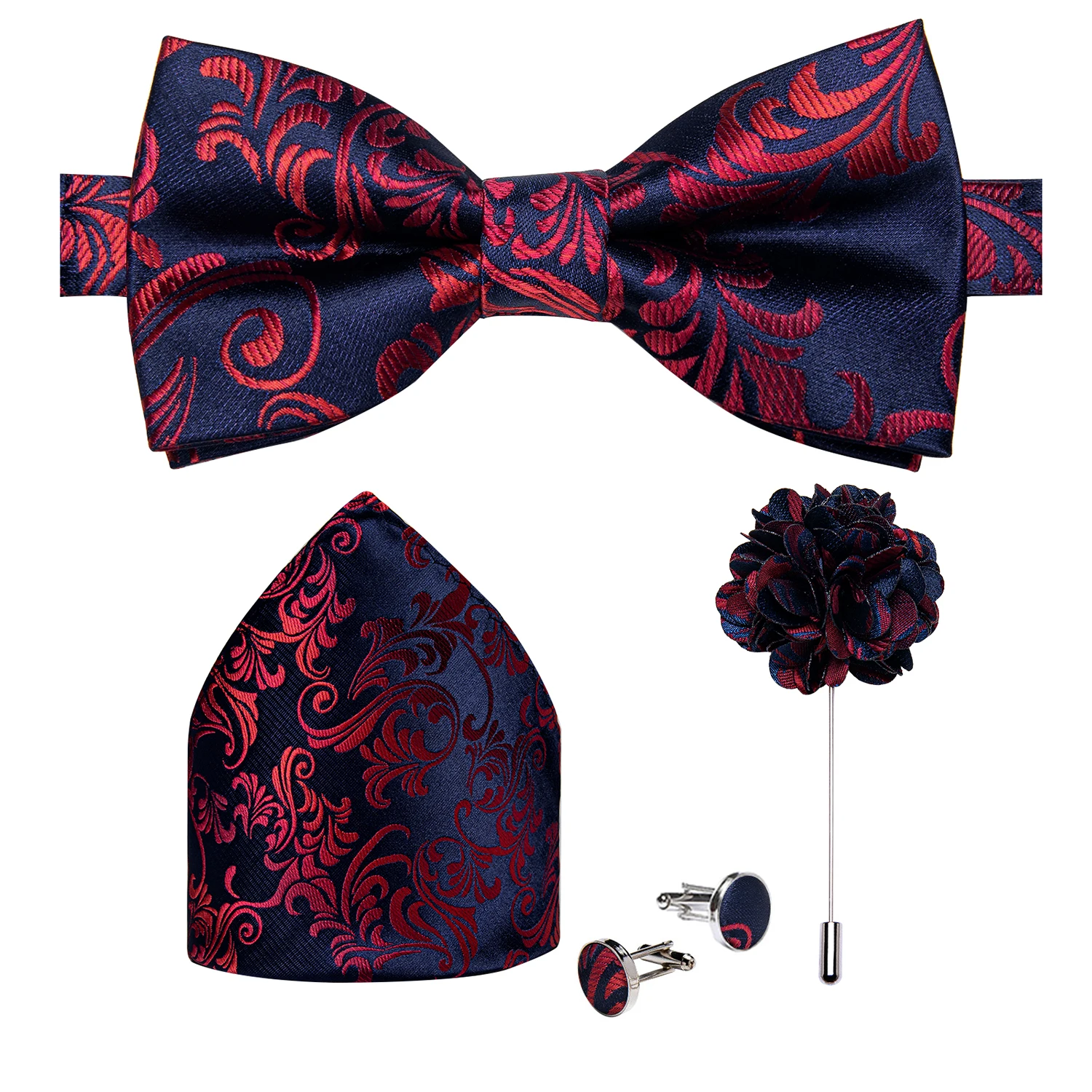 

Fashion Red Blue Floral Bow Ties for Men Silk Pre-tied Adjustable Cravat Cufflinks Brooch Pin 5pc Set Man Butterfly Tie Knot